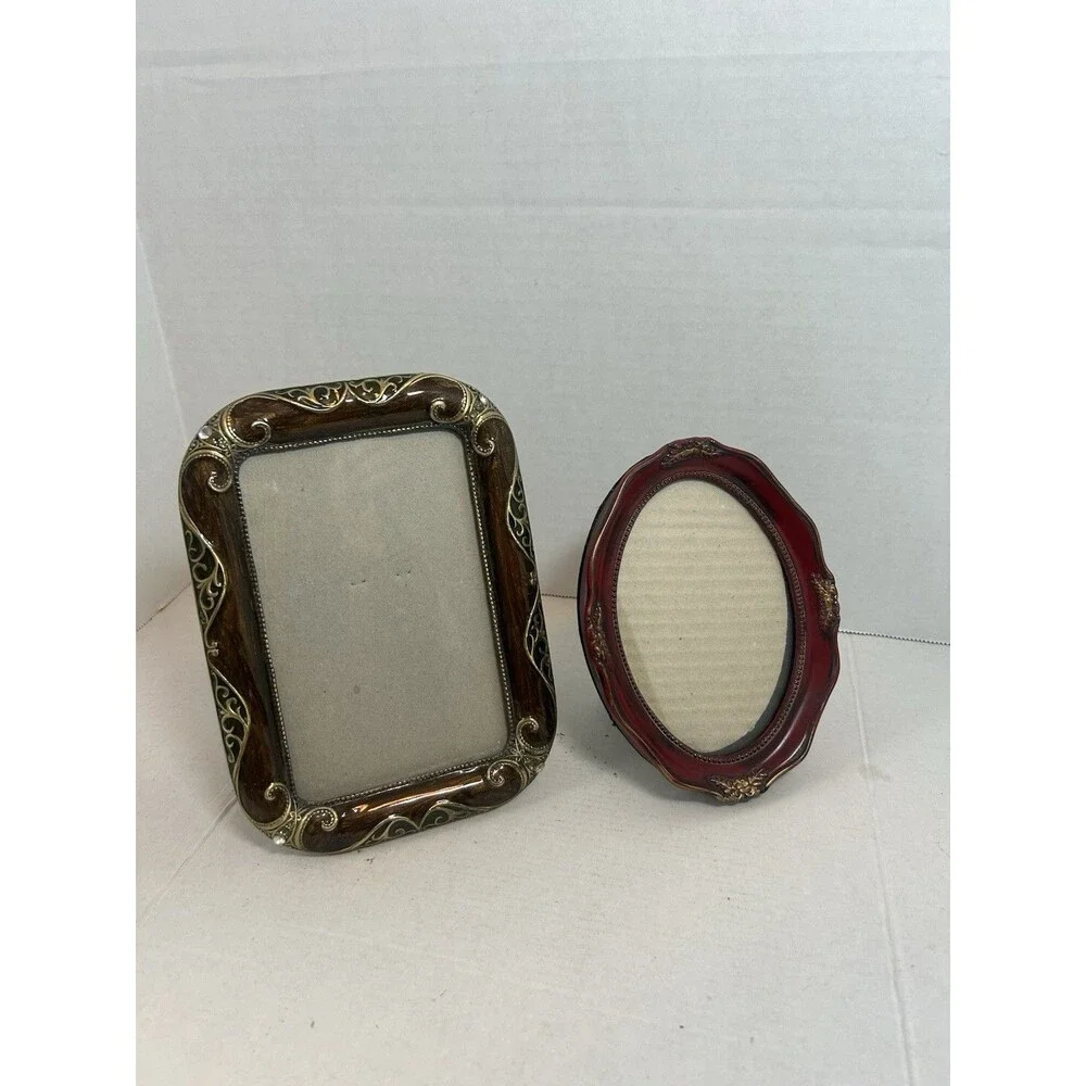 Vintage Ornate Metal & Wood Photo Frame Set Brown 4x6 & Red 3.5x5 Tabletop Decor